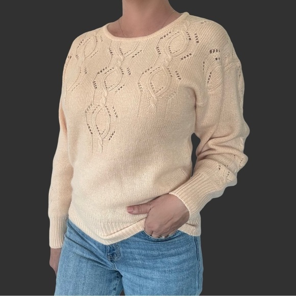Vintage Albee Lambwool Angora Knit Sweater Pearl Cream 80s Preppy Size Medium - Picture 1 of 7